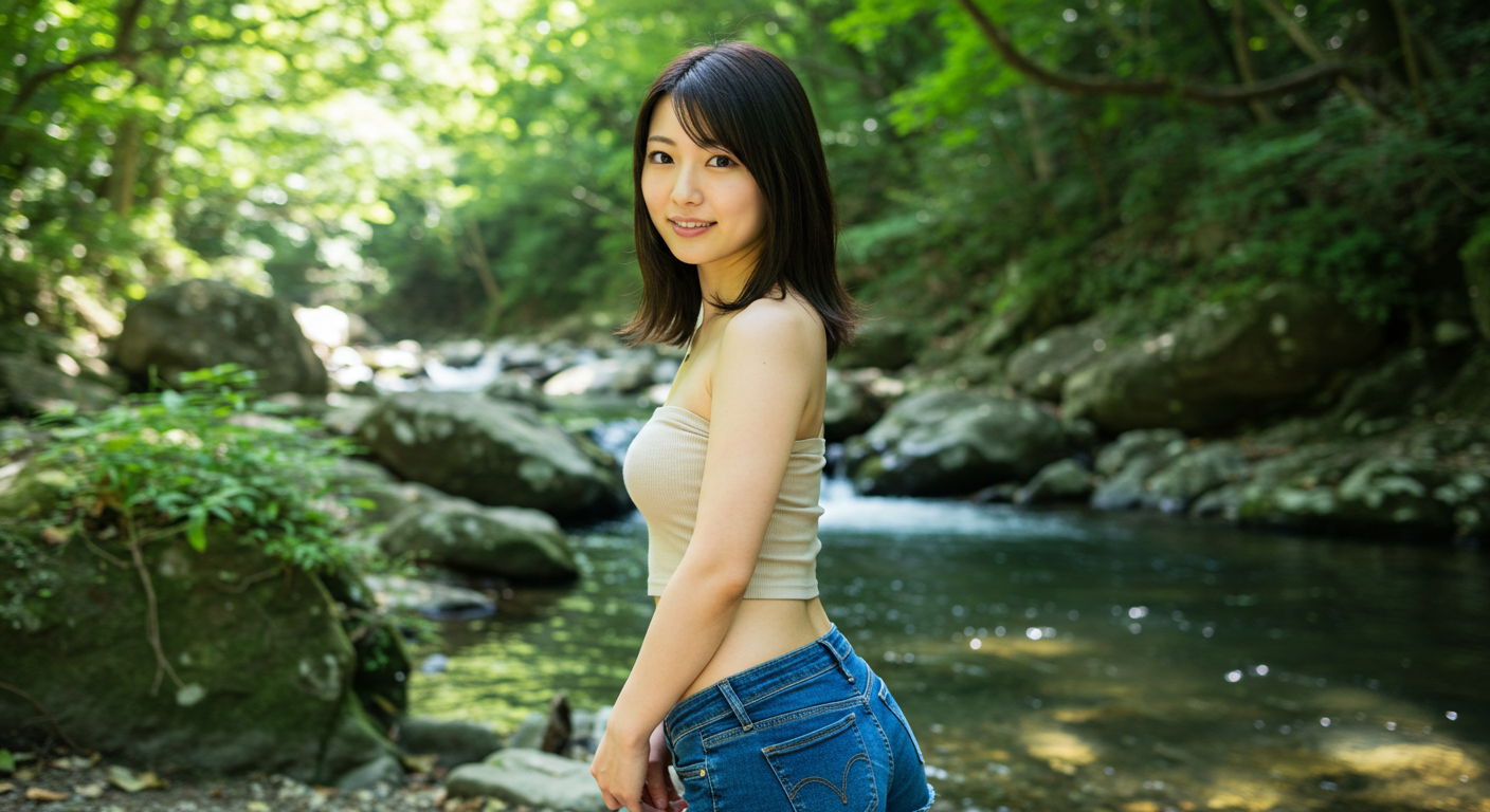 翔子が渓流で振り返る チューブトップにホットパンツ